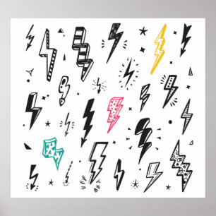 Lightning bolts, hand-drawn doodle set. poster
