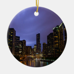 Lightning Over Chicago River Ceramic Tree Decoration