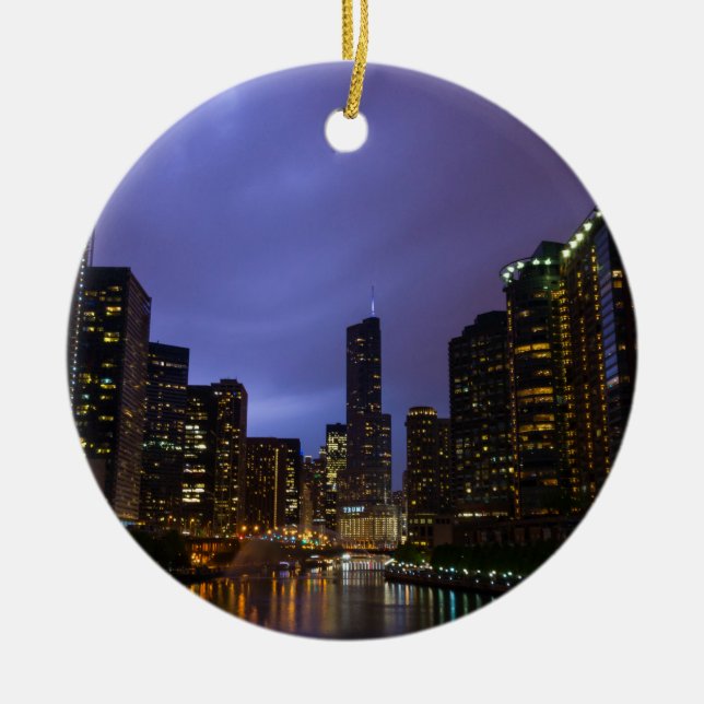 Lightning Over Chicago River Ceramic Tree Decoration (Front)