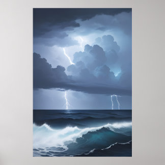 Lightning Storm and Ocean Poster