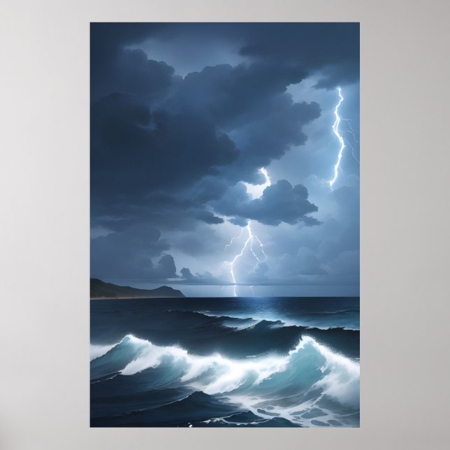 Lightning Storm Over Ocean Poster (Front)
