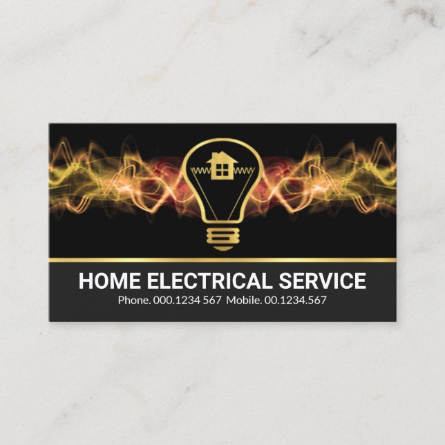 Lightning Storm Strike Gold Bulb Home Electrician Business Card (Front)