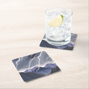 Lightning Storm Watercolor Dark Mountains Square Paper Coaster