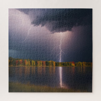 Lightning strike on lake in fall paper weight jigsaw puzzle