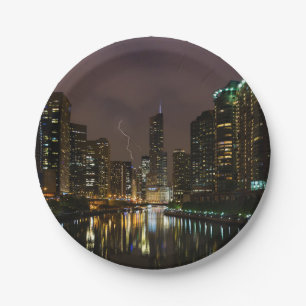 Lightning Strike Over Chicago River Paper Plate