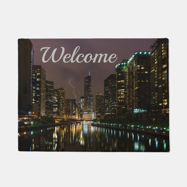 Lightning Strike Over Chicago River Welcome Doormat (Front)