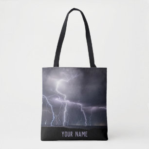 Lightning Strike Thunderstorm Black & Purple Phot Tote Bag