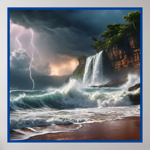 Lightning Strike Waves Beach Landscape Poster