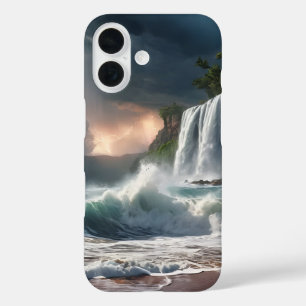 Lightning Waterfall Cliff Waves Beach iPhone 16 Case