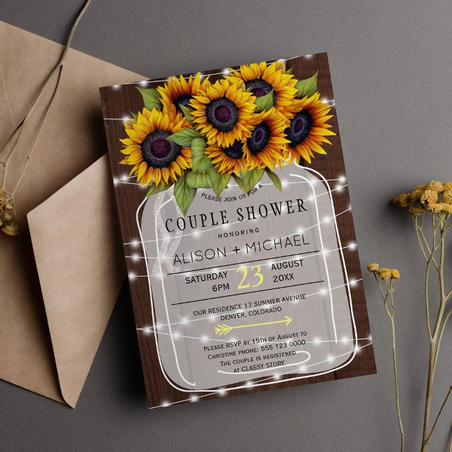 Lights and sunflowers rustic country couple shower invitation (Creator Uploaded)
