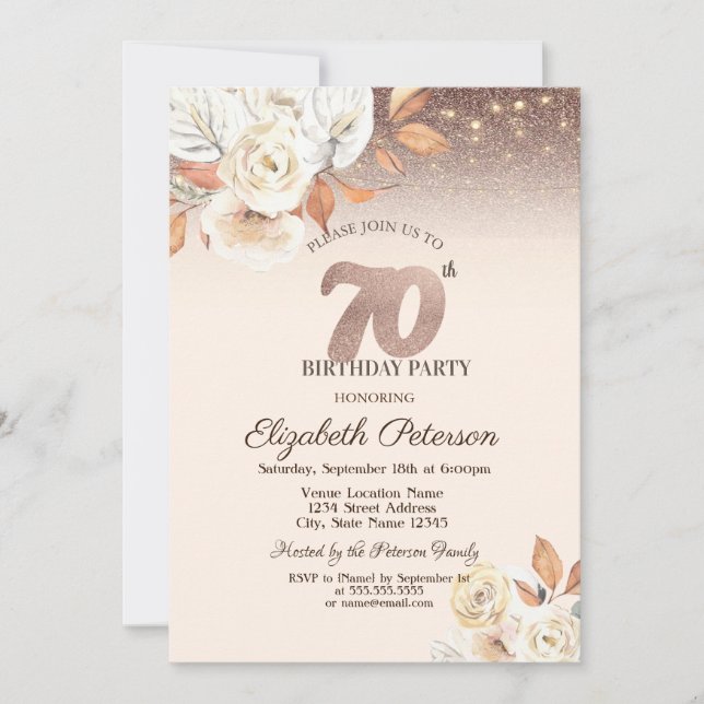  Lights,Autumn Flowers Glitter Bokeh 70th Birthday Invitation (Front)