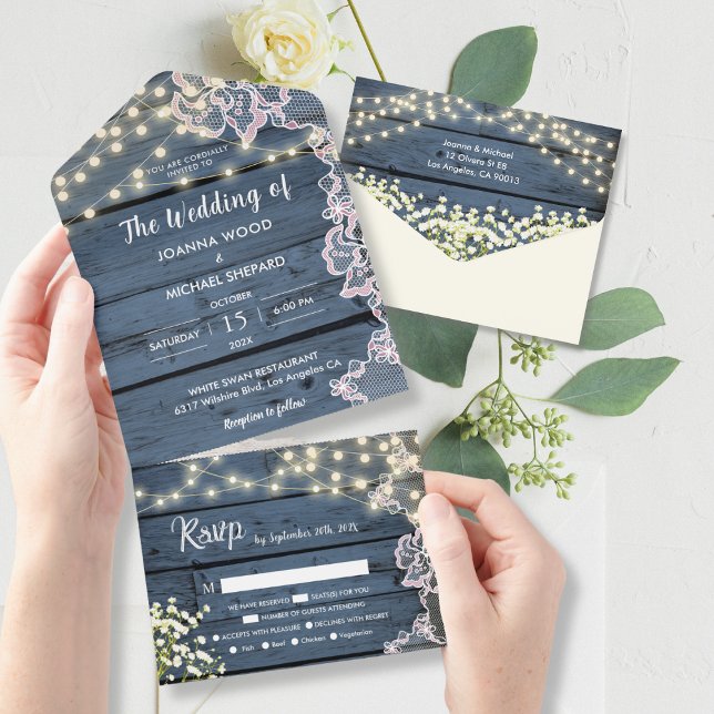 Lights Baby's Breath & Lace Navy Blue Wood All in  All In One Invitation (Creator Uploaded)
