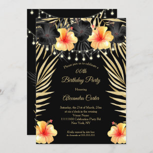 Lights Black Gold yellow Hibiscus Tropical Party Invitation