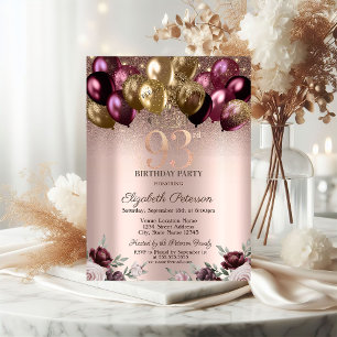 Lights,Burgundy Glitter Balloons 93rd Birthday Invitation