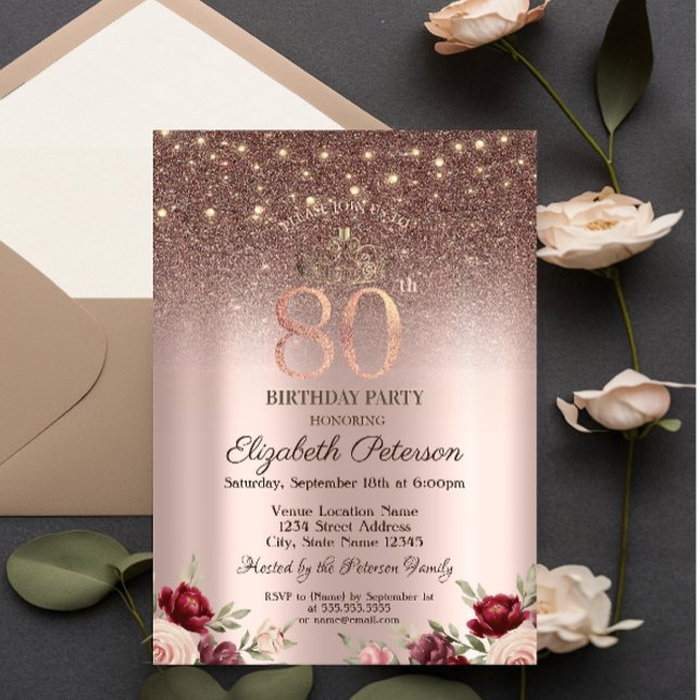  Lights,Burgundy Glitter, Rose Gold 80TH Birthday  Invitation (Creator Uploaded)