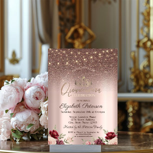 Lights,Burgundy Glitter, Rose Gold Quinceañera  Invitation