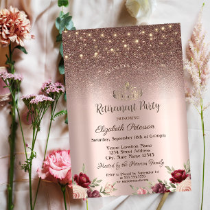 Lights,Burgundy Glitter, Rose Gold  Retirement  Invitation