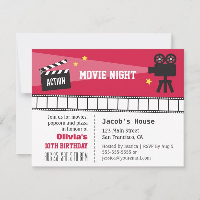 Lights Camera Action Movie Night Birthday Party Invitation (Front)