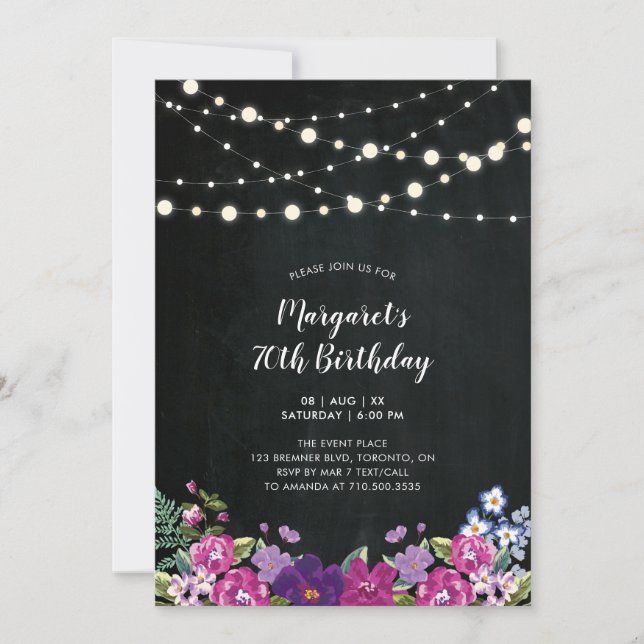 Lights & Chalkboard Floral Adult Birthday Party Invitation (Front)