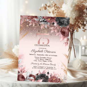  Lights,Chic Flowers Glitter 75th Birthday Invitation