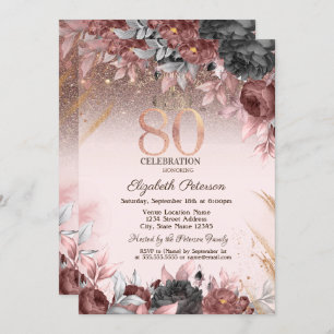 Lights,Chic Flowers Glitter 80th Birthday Invitation