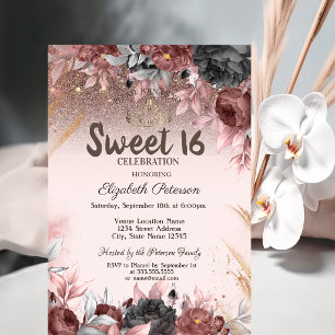 Lights,Chic Flowers Glitter Sweet 16 Invitation