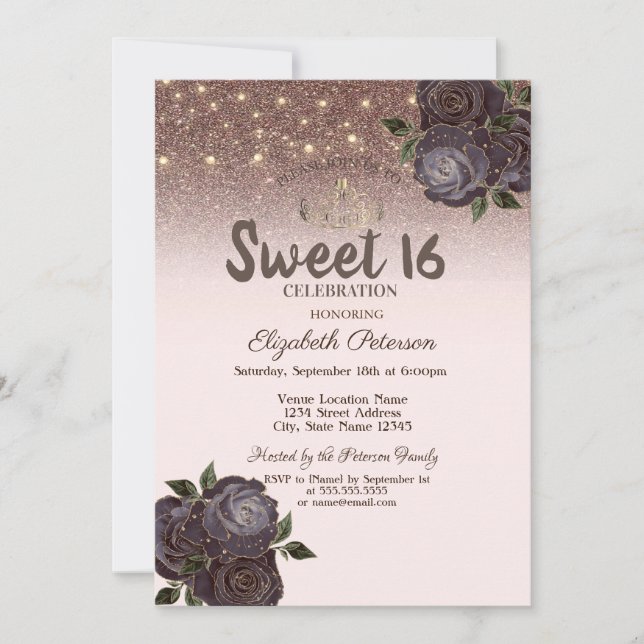  Lights,Chic Roses Glitter Sweet 16 Invitation (Front)