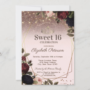 Lights, Dark Flowers Glitter Sweet 16 Invitation