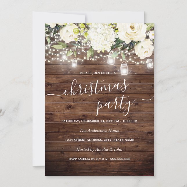 Lights Floral Rustic Wood Christmas Party Invite (Front)