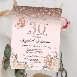  Lights,Flowers Glitter Butterflies 30th Birthday Invitation