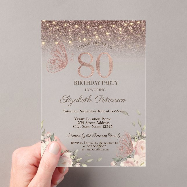  Lights,Flowers Glitter Butterflies 80th Birthday Acrylic Invitations (Insitu (Handheld))