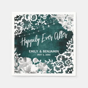 Lights Flowers Lace Rustic Teal Happily Ever After Napkin