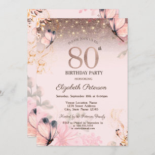 Lights,Flowers Pink Butterflies 80th Birthday Invitation
