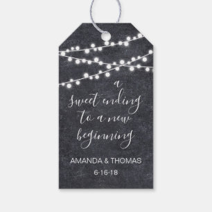 Lights garland on rustic blackboard favour hang ta gift tags