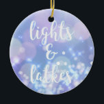 Lights & Latkes - Blue Sparkles Happy Hanukkah Ceramic Tree Decoration<br><div class="desc">NewParkLane - Glamourous Hanukkah Ornament,  with blue sparkling,  glittering lights and fun quote 'lights & latkes' in a script typography. 

This design is also available on cards and postcards.</div>