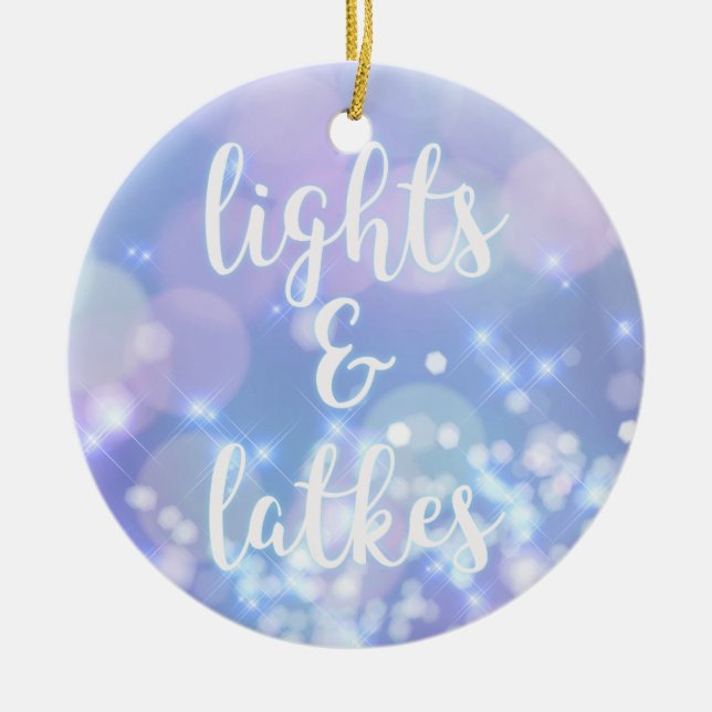Lights & Latkes - Blue Sparkles Happy Hanukkah Ceramic Tree Decoration (Front)