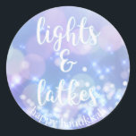 Lights & Latkes - Blue Sparkles Happy Hanukkah Classic Round Sticker<br><div class="desc">NewParkLane - Glamourous Hanukkah Stickers,  with blue sparkling,  glittering lights and fun quote 'lights & latkes' in a script typography. The backside says: 'happy hanukkah' in blue script.</div>