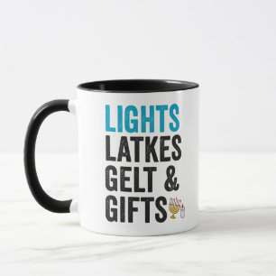 Lights latkes gelt & Gifts Funny Jewish Hanukkah Mug