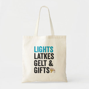 Lights latkes gelt & Gifts Funny Jewish Hanukkah Tote Bag