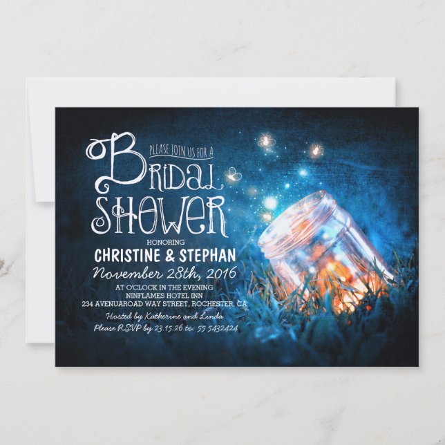 Lights mason jar & fireflies bridal shower invites (Front)