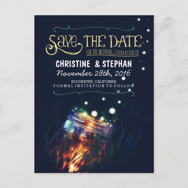 lights mason jar rustic romantic save the date announcement postcard (Front)