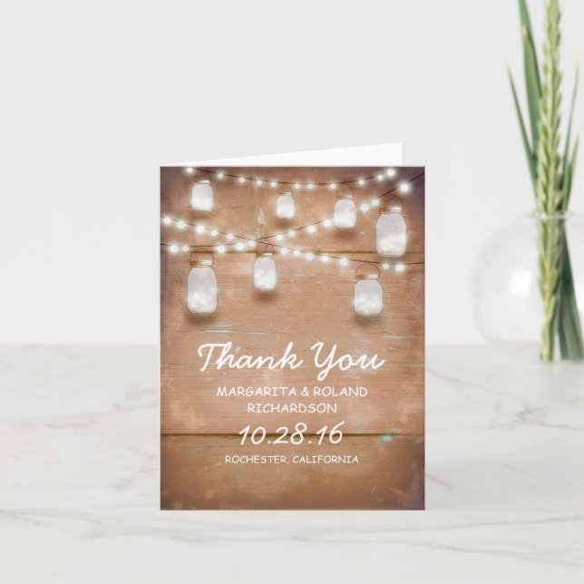 lights mason jar rustic wood thank you cards (Front)