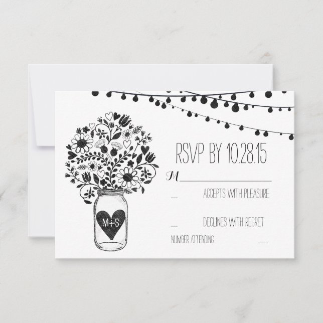 Lights mason jar white wedding RSVP cards (Front)