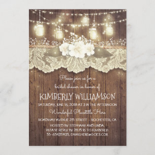 Lights Mason Jars Lace Wood Rustic Bridal Shower Invitation
