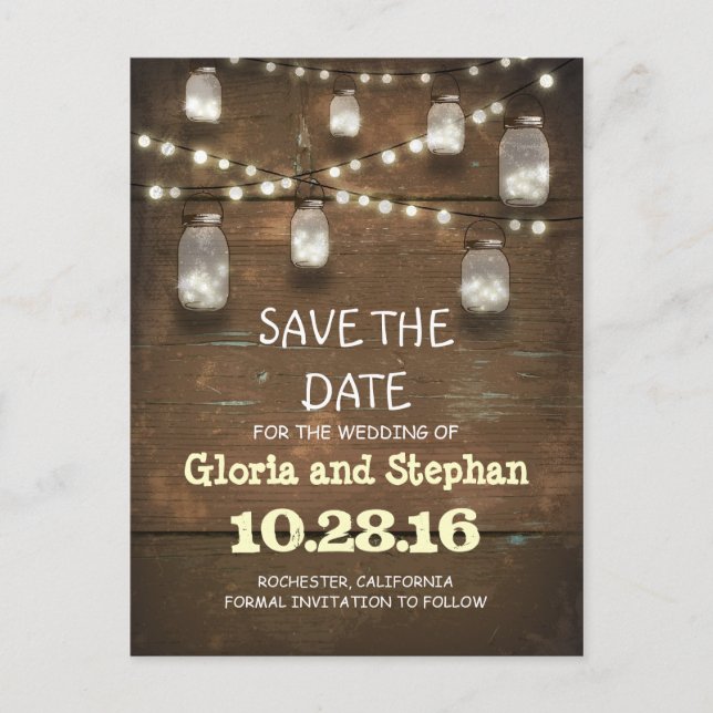lights & mason jars rustic SAVE THE DATE postcard (Front)