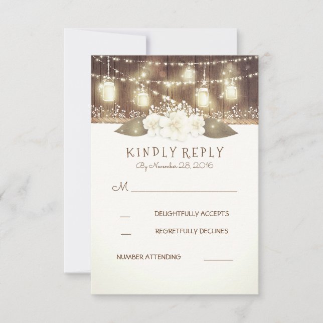 Lights Mason Jars Rustic Wood Barn Wedding RSVP Card (Front)