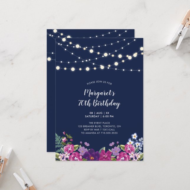 Lights & Navy Blue Floral Adult Birthday Party Invitation (Front/Back In Situ)