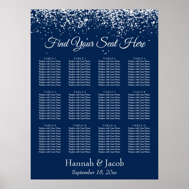 Lights on Navy Blue Reception Seating Chart (Front)