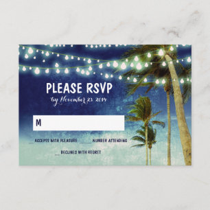 lights & palm trees beach blue wedding RSVP cards