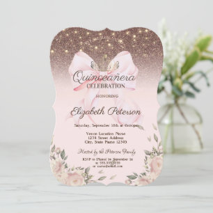Lights, Pink Bow Flowers Glitter Quinceanera Invitation